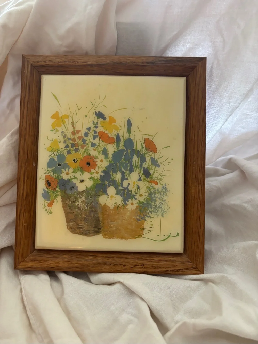 Cottage Core Floral Basket Tile Wall Art in Oak Frame